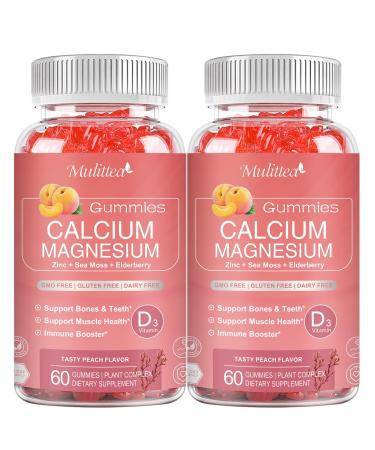 Plan Calcium Gummies with D3,Zinc - Plant Complex Calcium Magnesium Supplement with Glycinate,Potassium,Vitamin C &Whole Natural Food for Bone & Immune Support- 120 Chewable Gummy Sugar-Free Peach 2 Pack