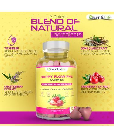 Happy Flow Strawberry Chewable PMS Gummies | Hormone Balance Chasteberry Supplement with Dong Quai & Vitamin B6 | Period Relief for Women (60 Count) - Buy Online on GoSupps.com