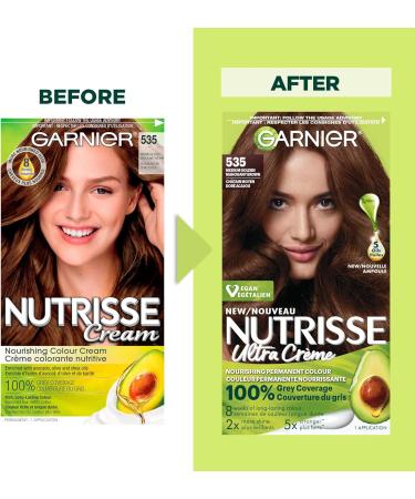Garnier Nutrisse Ultra Cr me Permanent Hair Dye 100% Grey Coverage Vegan Formula Nourished Hair Long-Lasting Rich Colour 535 Medium Golden Mahogany Brown 1 Application Packaging May Vary BROWN SHADES 535 Medium Golden Mahogany Brown - Buy Online on GoSupps.com
