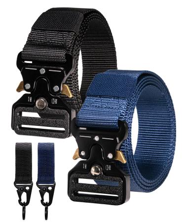 RBOCOTT 2 pieces of tactical adjustable nylon men belt with quick tensioner buckle suitable for outdoor sports with tactical hooks width 1.5 inch gift packaging black+blue 140