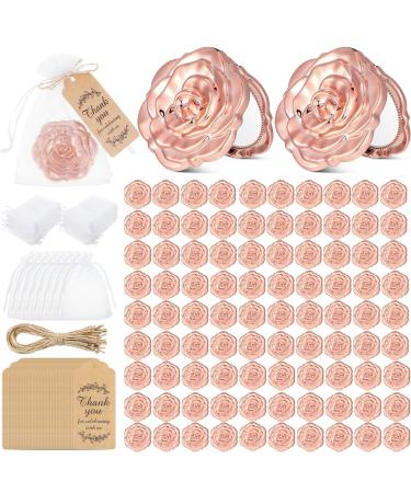 96 Set Rose Compact Mirrors Bulk Wedding Party Favors Including Rose Shape Mirrors and Thank You Tags and Jute Twine with White Organza Bags for Wedding Party Guests Souvenir Gift