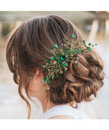 WEIPUER Bridal Hair Comb with Gold Crystal & Green Rhinestone Handmade Headpiece for Women and Girls 18-20cm Special Occasions & Wedding Gift - Buy Online on GoSupps.com