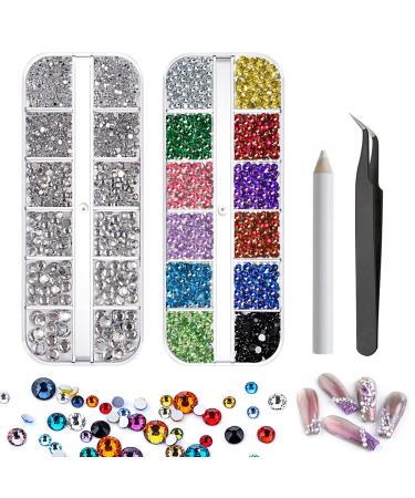 Rhinestones 2000 Pcs Crystal Nail Rhinestones Flatback Gems for Crafts Clothes Make Up 6 Sizes Nails Round Rinestone Gems Set for Craft Face Nail Art