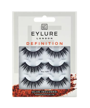 Eylure False Lashes  Definition No. 126 with Adhesive Included  3 Pair  Black