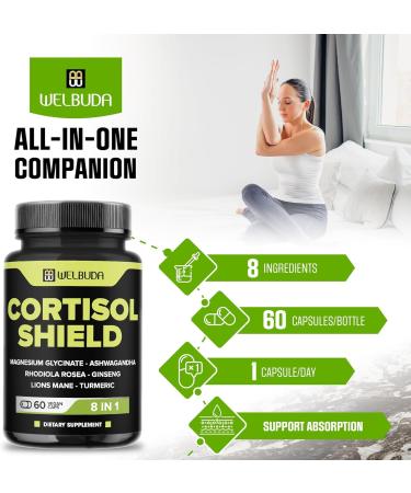 WELBUDA 8in1 Cortisol Shield - Ashwagandha and Magnesium Rhodiola Rosea Lions Mane Gingsen and 3 More - Relaxation & Restful Night Support & Mood Balance - 60 Count - Buy Online on GoSupps.com