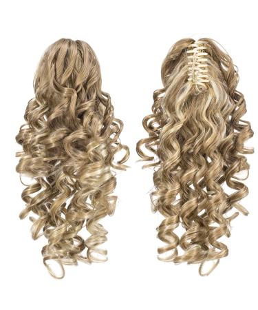 SWACC 12-Inch Short Screw Curls Claw Clip Ponytail Extensions Synthetic Clip in Drawstring Curly Ponytail Hairpiece Jaw Clip Hair Extension (Beige/Blonde Mixed-24H613)