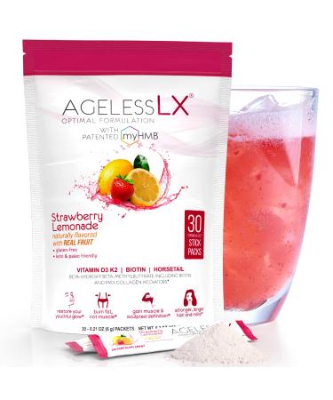 AgelessLX Powder Supplement for Women - with HMB Collagen Enhancer Plus Vitamin D3 with K2, Horsetail and Biotin for Lean Muscle and Stronger Hair and Nails - 30 Powder Packets Strawberry Lemonade