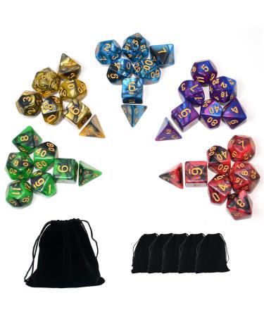 Smartdealspro 5 x 7-Die Double-Colors Polyhedral Dice Sets with Pouches for D&D DND RPG MTG Dungeon and Dragons Table Board Roll Playing Games D4 D6 D8 D10 D% D12 D20 5-color Sets