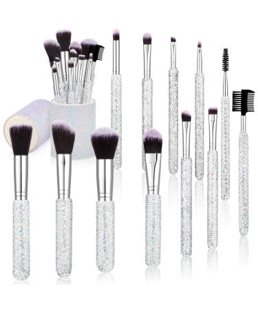 Nuogo 13 Pcs Rhinestone Makeup Brushes Set 12 Bling Crystal Professional Face Cosmetics Blending Liquid Foundation Powder Concealer Eye Shadows Make up Beauty Tool Glitter with 1 Holder
