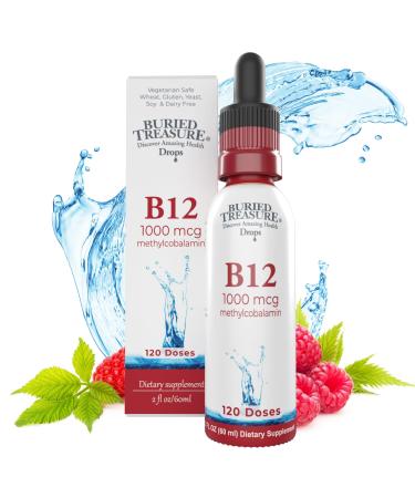 Buried Treasure B12 Drops - 1000mcg Vitamin B12 Methylcobalamin per Serving, 120 Servings - Sublingual B12, Alcohol-Free, Vegan, Raspberry Flavor, 2 oz Bottle, Graduated Dropper Accurate Dosing