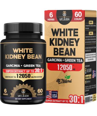 6in1 White Kidney Bean Extract 30:1 Capsules 12050 Mg - With Garcinia Cambogia, Green Tea, Olive Leaf, Green Coffee Bean & Black Pepper - Body Health, Strength & Immune Support - 60 Caps For 2 Month