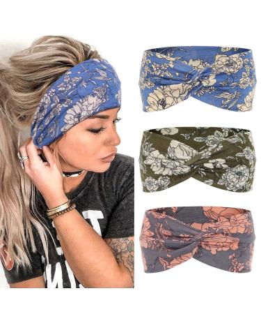 MISUPORVE Boho Wide Headbands for Women Non Slip Stretch Workout Cloth Headband Soft Head Bands Yoga Running Sport Hairbands for Women's Hair Accessories 3 Pcs