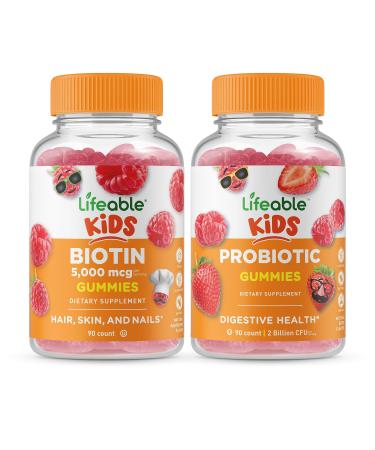 Lifeable Biotin Kids + Probiotic 2 Billion CFU Kids Gummies Bundle - Great Tasting Vitamin Supplement Gluten Free GMO Free Chewable Gummy