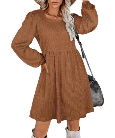 Aokosor Long Sleeve Knit Dress | Square Neck Jumper Dress | Babydoll | Caramel - Buy Online on GoSupps.com