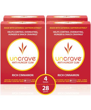 UnCrave Anti-Hunger Gum with Satiereal Saffron Extract - Control Compulsive Snacking, Overeating and Cravings for Healthy Weight Management - Improve Mood - Rich Cinnamon, 4 Boxes of 7 Packs rich cinnamon 2 Count (Pack of 28)