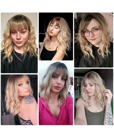 HAIRCUBE Short Blonde Curly Wigs with Dark Roots and Bangs - Wavy Bob Style for Women | Heat Resistant Synthetic - Buy Online on GoSupps.com
