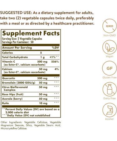 Solgar Quercetin Complex with Ester-C Plus - 100 Vegetable Capsules | Vitamin C 1000 mg - Antioxidant & Immune Support | Overall Health - 50 Servings - Buy Online on GoSupps.com