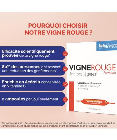 NaturAvignon Red Vine Laboratory | Against heavy legs & swelling | Red vine + Acerola | 100% natural origin | Proven efficacy | Made in France | 20 vials (10 days) - Buy Online on GoSupps.com