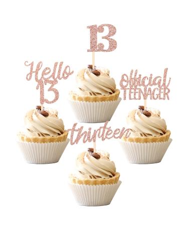 24 PCS 13th Birthday Cupcake Toppers Official Teenager Hello 13 Thirteen Cupcake Picks 13th Birthday Cake Decorations Supplies Rose Gold AGold 13