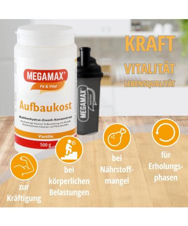 Buy Megamax Build-Up Food Vanilla - Low-Fat Protein Drink Powder for Strengthening & Weight Gain | 500g Made in Germany - Buy Online on GoSupps.com