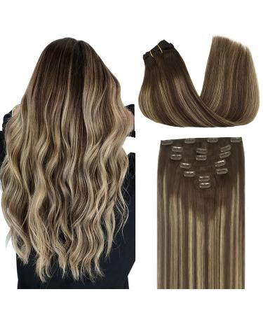 Doores real hair extensions clip in balayage chocolate brown to honeyblond 60cm 24 inch 7 pieces 120g remy hair extreme real hair clips straight thick extensions real hair extensions 60cm-12m20g #4/26/4 balayage chocolate brown to honeyblond