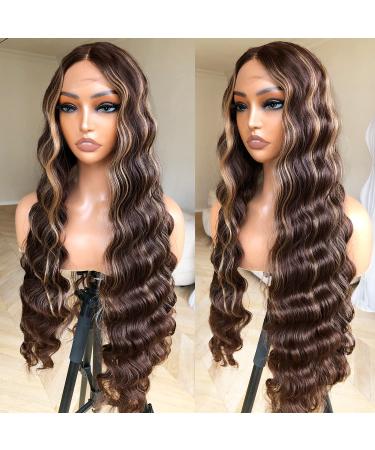 BlackSwern 30inch Honey Blonde Highlight Lace Front Wigs  Deep Wave Lace Front Wigs Crimps Hair Glueless Wigs Pre Plucked  Melted Hairline HD Lace Wig for Black Women  30inch Long Wig 4/27 Ombre Highlights Synthetic Lace...