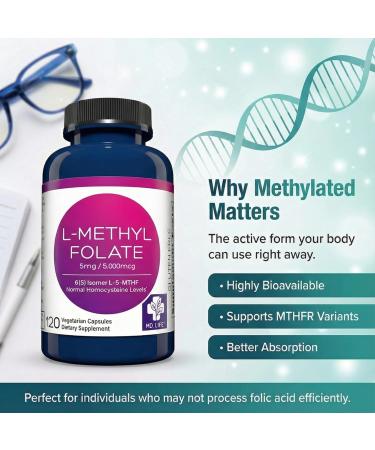 MD Life L-Methylfolate 5 mg Supplement - Professional-Grade Active L Methylfolate Supplement - 120 Capsules - L-Methylfolate 5mg - Maximum Potency MTHFR W/Essential Amino Acids 5mg (Pack of 120) - Buy Online on GoSupps.com