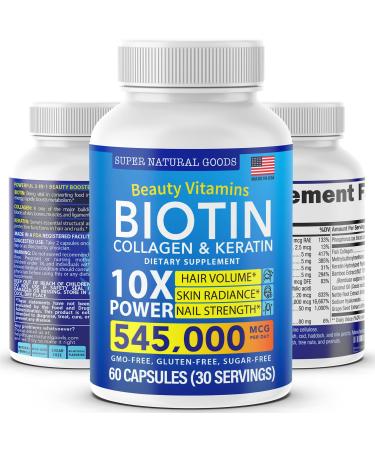 Biotin Collagen Supplements with Keratin Peptides - Hair Growth & Hair Loss Treatment for Men & Women - Hair Skin Nails Vitamins - Maximum Strength 545000mcg Supplement Pills - Nail & Skin Capsules