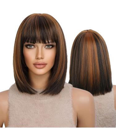 KOME Short Bob Wigs for Women Brown mixed Blonde Highlight Bob Wig with Bangs Balayage Straight Shoulder Length Synthetic Wig for Daily Use 12IN Brown Highlights