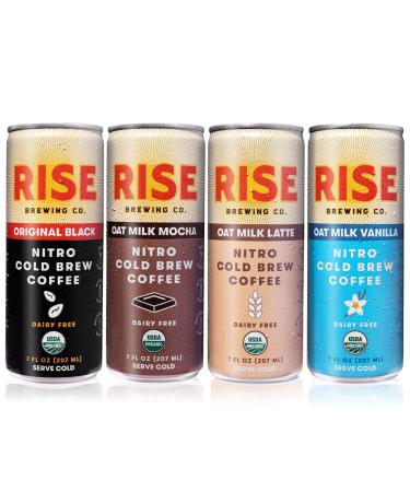 RISE Brewing Co. | Nitro Cold Brew Coffee | Gluten-Free, Vegan | Organic & Non-GMO | 3x Original Black, 3x Oat Milk Latte, 3x Oat Milk Mocha, 3x Oat Milk Vanilla Latte 7 fl. oz. Cans (12 Pack)