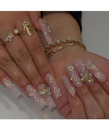 BABALAL Square Press on Nails Long Fake Nails Pink Glue on Nails 3D Butterfly Flower Charm Acrylic Nails 24Pcs Squoval Glitter Manicure Artificial False Nails for Women and Girls Fne203pink