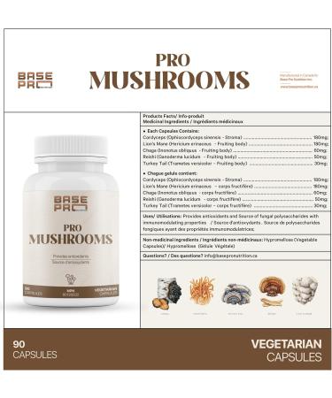 Pro Mushrooms Blend - 90 Capsules | Cordyceps Lion's Mane Chaga Reishi Turkey Tail | Mushroom Capsules | Provides Antioxidants | Mushrooms Capsules | Base Pro Nutrition | 90 count (Pack of 1) - Buy Online on GoSupps.com