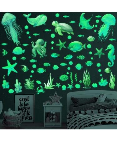 Ocean Fish Wall Decals Glow in The Dark Under The Sea Wall Decals Vinyl Sea Life Wall Stickers Removable Waterproof Peel and Stick for Boys Kids Bathroom Watercolor Ocean Creatures Decor (Green)