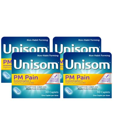 Unisom PM Pain Nighttime Sleep-aid + Pain Reliever Acetaminophen & Diphenhydramine HCI 30 Caplets 50mg (Pack of 4) 30 Count (Pack of 4)