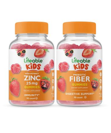 Lifeable Zinc 25mg Kids + Prebiotic Fiber Kids Gummies Bundle - Great Tasting Vitamin Supplement Gluten Free GMO Free Chewable Gummy