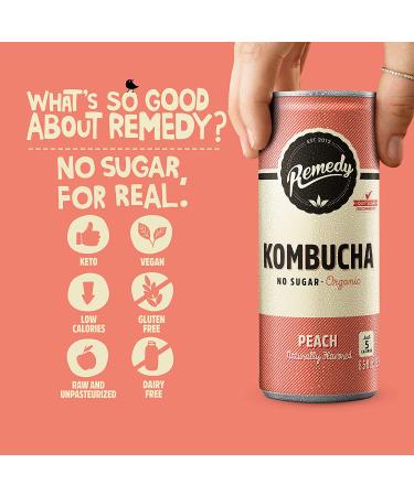 Remedy Kombucha Tea Organic Drink - Sugar Free | Keto, Vegan, Gluten Free | Peach Flavor | 8.5 Fl Oz Can 12-Pack - Small Batch Brewed Beverage - Buy Online on GoSupps.com