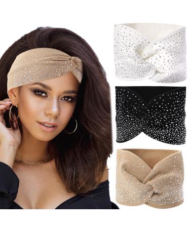 Sparkly Headbands for Women 3 Pcs Crystal Wide Headbands Bling Headbands Fancy Headbands Sparkle Head Scarf Turban Headband Stretchy Hair Bands African Head Wraps Elastic Head Wraps for Black Women