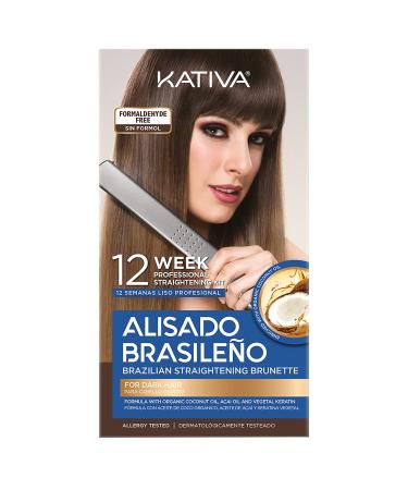 Kativa Brazilian Straightening Brunette Kit 12 Weeks of Home Use Professional Straightening with Organic Coconut Oil A ai Oil and Keratin for Straighter Softer and Shinier Dark-Coloured Hair