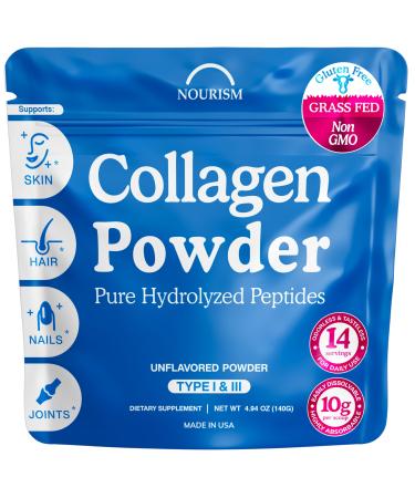 Collagen Peptides Powder for Women & Men Supports Wound Healing Hair Skin Joints Nails Hydrolyzed Collagen Types I & III Grass-Fed Non-GMO Kosher Pareve Unflavored Easy to Mix Drink 4.93 Oz 4.93 Ounce (Pack of 1)