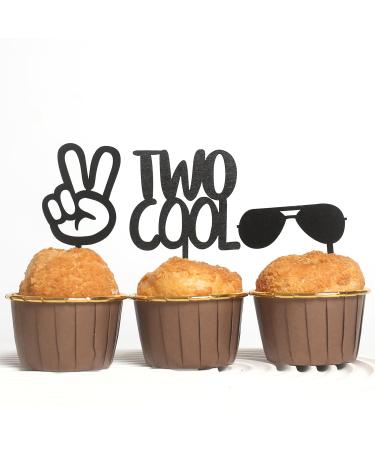Two Cool 2nd Birthday Cupcake Toppers - Kids Birthday Two Cool Cake Toppers - 8 Pack Two Cool Cupcake Picks - Wooden Two Cool Cupcake Toppers for Baby Shower - Two Cool Sunglasses Cupcake Decorations