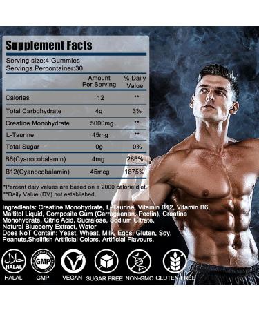 Creatine Monohydrate Gummies 5g for Men & Women,120 Sugar-Free Chews Pre Workout Creatine Supplement with L-Taurine & Vitamins for Muscle Strength, Boost Energy & Endurance-Blueberry Flavor - Buy Online on GoSupps.com