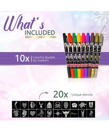 Looney Zoo Temporary Tattoo Markers for Skin - 10 Body Markers + 20 Stencils - Dual-End Pens for Bold and Fine Lines - Cosmetic-Grade Ink for Kids and Adults - Buy Online on GoSupps.com