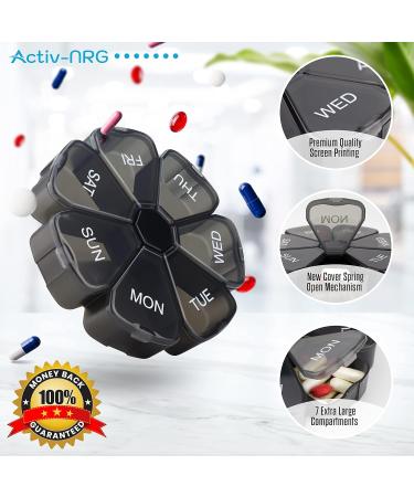 Premium Round Black Pill Box Organizer - BPA Free - Travel Tablet Storage with Large Compartments - Spring Assisted Open Design for Medication and Supplements - Buy Online on GoSupps.com