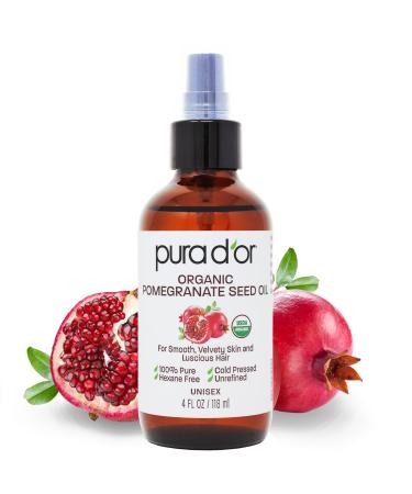 PURA D'OR 4 Oz ORGANIC Pomegranate Oil - 100% Pure USDA Certified Premium Grade Cold Pressed Body Oil - Rich in Antioxidants - Face and Skin - Hair Moisturizer For Men and Women 4 Fl Oz (Pack of 1)