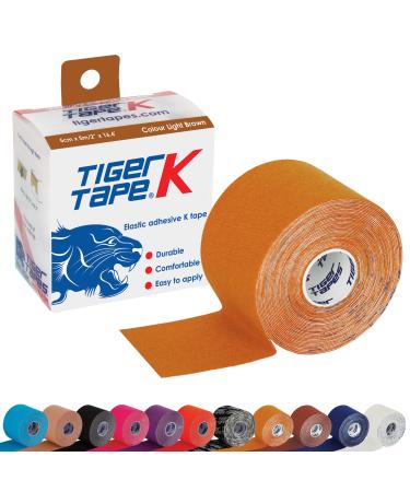 TIGERTAPES - Tiger K Tape Light Brown (5cm x 5m) - Kinesiology Tape Uncut Roll Elastic Therapeutic Muscle Support Tape for Exercise Sports & Injury Recovery - Water Resistant Breathable Latex Free
