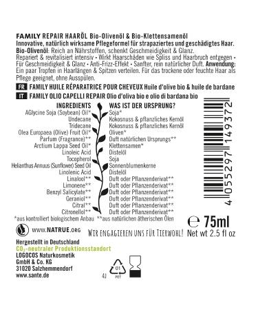 Sante Natural Cosmetics Family Repair Hair Oil - Vegan Organic Olive & Climbing Seed Oil | 75ml - Buy Online on GoSupps.com