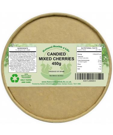 Natural Health 4 Life Cake Baking Ingredients Candied Mixed Colour (Dark Red Red Green and Gold) Glace Cherries 450 g in Recyclable Tub (1 Tub) - Buy Online on GoSupps.com