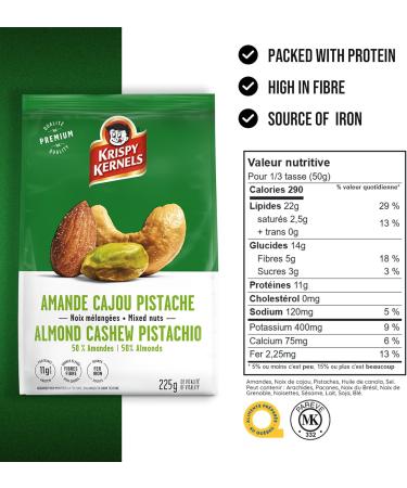 Krispy Kernels Almonds Cashews & Pistachios Mixed Nuts - 50% Almonds Freshly Roasted Nuts Crunchy Sweet Rich in Fibre Iron and Protein Delicious Snack Pack Made in Canada - 8 x 225g - Buy Online on GoSupps.com