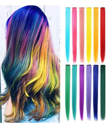 Lskjmo rainbow wig pieces colorful party highlights clip in colored hair extensions multicolors straight synthetic hairpieces for women girls multi colored