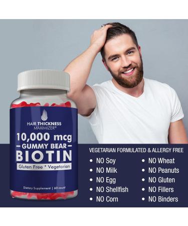 Hair Thickness Maximizer Biotin 10000mcg Gummies - Vegetarian, Gluten Free Gummy Bears - Hair Growth Vitamin for Men and Women - Combats Hair Loss & Thinning - Strawberry Flavor - 60 Count - Buy Online on GoSupps.com